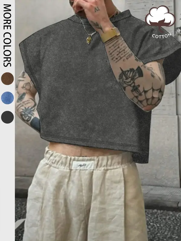 Men's Solid Color Crop Tank Top, Regular Fit Casual Sleeveless Round Neck Top for Summer, Fashion Men's Clothes for Daily Wea...