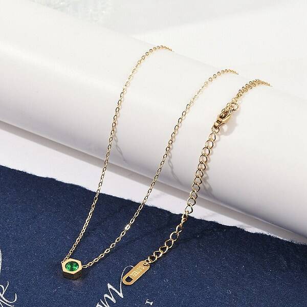 Ion Plating(IP) 304 Stainless Steel Cubic Zirconia Hexagon Pendant Cable Chain Necklaces