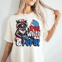 Red White And Feral, Funny Raccoon Shirt , 4th Of July shirt, Hotdog Raccoon, Funny USA Shirt - BBakhu