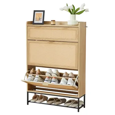 Giratree Shoe Cabinet for Entryway Slim, Free Standing Narrow Shoe Rack Cabinet Rattan Carving, 2 Flip Drawer Shoe Storage Or...