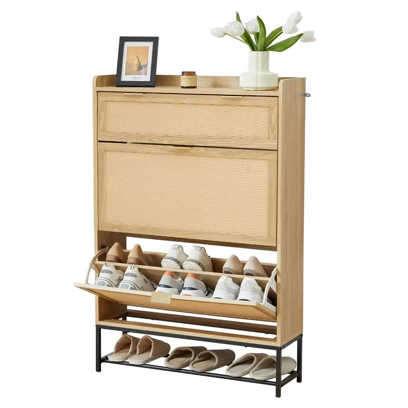 Giratree Shoe Cabinet for Entryway Slim, Free Standing Narrow Shoe Rack Cabinet Rattan Carving, 2 Flip Drawer Shoe Storage Or...