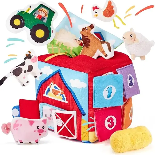 Surprise Developmental Box with Stuffed Farm Animals，infant toys Rattle Crinkle Tissue Mirror Soft Sensory Montessori Easte...