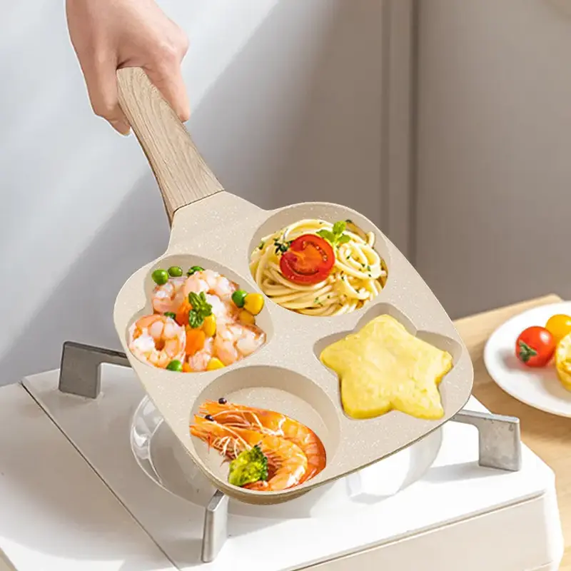 Kitchen Non-stick Star Holes Design Egg Frying Pan, 4 Holes Skillet with Handle, Cooking Accessoriess Pans Pots Set, Breakfas...