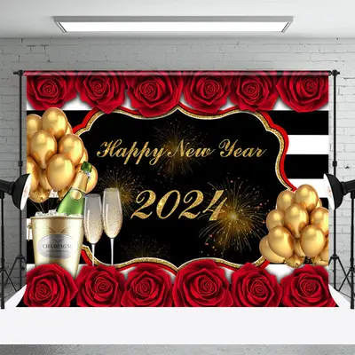 Aperturee Floral Stripes Champagne Happy New Year Backdrop