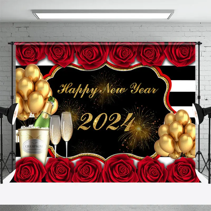 Aperturee Floral Stripes Champagne Happy New Year Backdrop