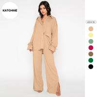 KatchMe Women's Casual Solid Color Button Flounce Sleeve Shirt & Slit Wide Leg Trousers Co-ord, Comfort Basic Co-ord Set for ...