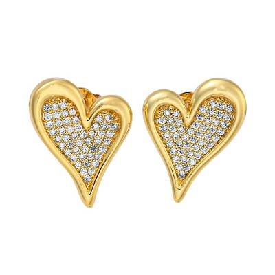 Heart Brass Pave Clear Cubic Zirconia Stud Earrings for Women