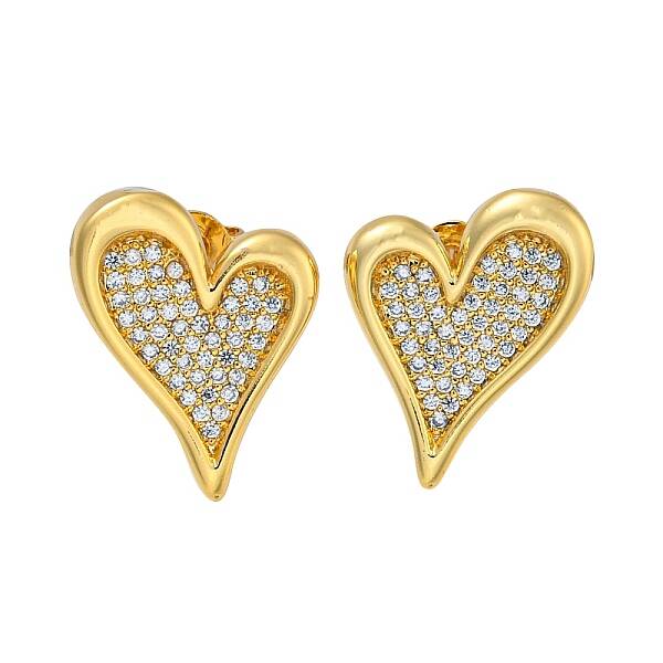 Heart Brass Pave Clear Cubic Zirconia Stud Earrings for Women