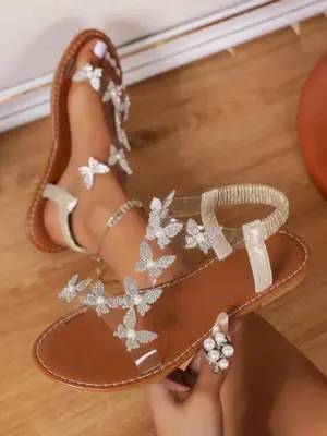 Women's Elegant Rhinestone Decor Butterfly Design Flat Sandals, Retro Fashion Flat Sandals for Summer Beach Vacation, Trendy ...