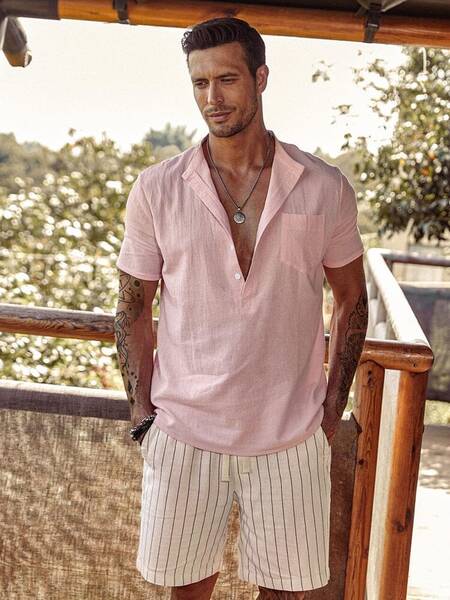 Linen Style Beach Button Shirts, Pink / XXXL