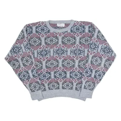 JANTZEN Mens Patterned Jumper Grey Crazy Pattern 90s Tight Knit M