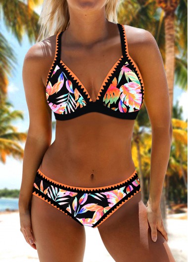 Modlily Criss Cross Leaf Print Black Bikini Set - L