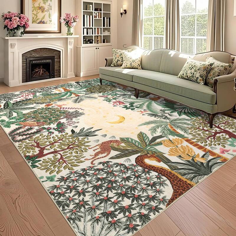 Garvee Jungle Animal Print Area Rug 10x13 Non-Slip Stain Resistant Soft Durable Polyester Botanical Design Indoor Living Room...