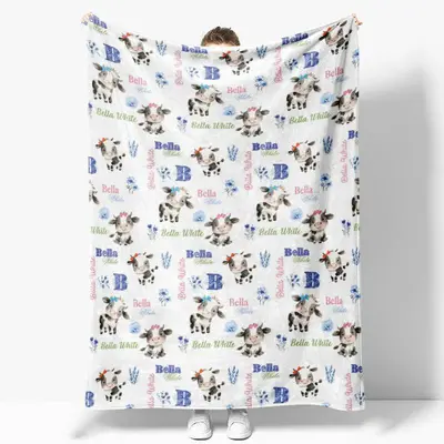 Aperturee Custom Name Cute Cow Name Blanket Kids Gift - Aperturee