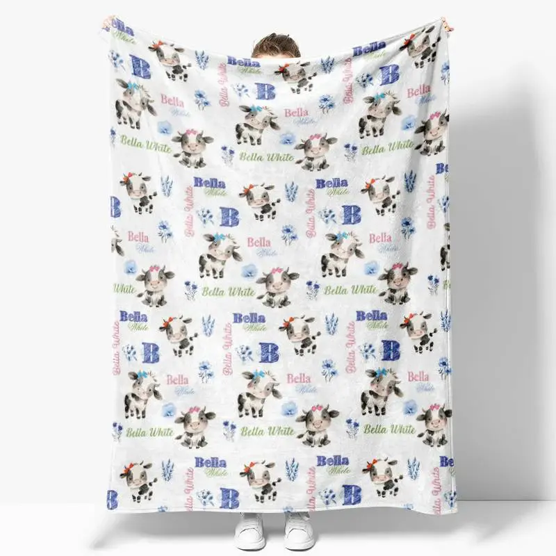 Aperturee Custom Name Cute Cow Name Blanket Kids Gift - Aperturee
