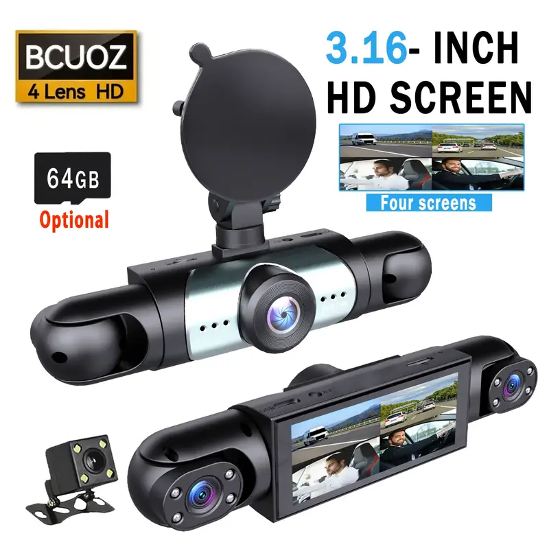 BCUOZ Front Rear Inside Dash Cam with 270° View 4 Channels Night Vision 24/7 Recording Parking Mode Monitor 64GB Optional Fr...