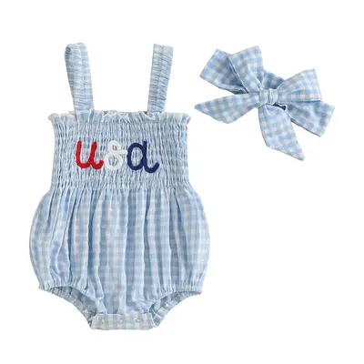 First 4th Of July Baby Girl Outfit Newborn Strap Sleeveless USA/Flower Embroidery Plaid Smocked Romper Fourth of July Clothes