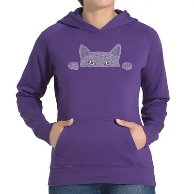 Peeking Cat - Women's Word Art Hooded Sweatshirt - Blue - X-Large