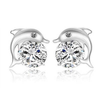 Real Platinum Plated Dolphin Brass Stud Earrings