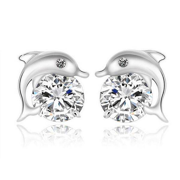 Real Platinum Plated Dolphin Brass Stud Earrings