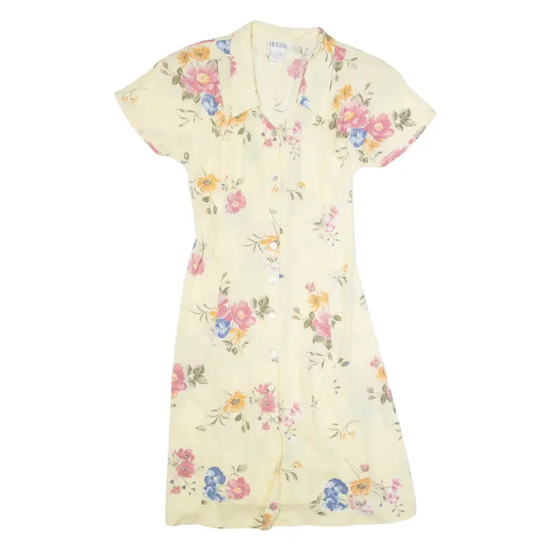 NICE DAY Womens Tea Dress Yellow Viscose 90s Floral Short Sleeve Long M