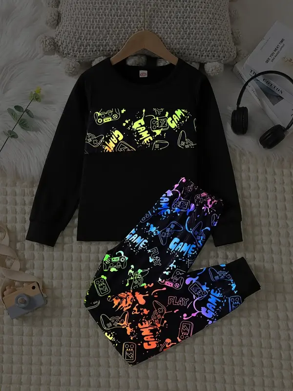 Two-Piece Set Boy's Patchwork Game Controller Print Sweatshirt & Pants Set, Casual Glow in The Dark Long Sleeve Round Neck Pu...