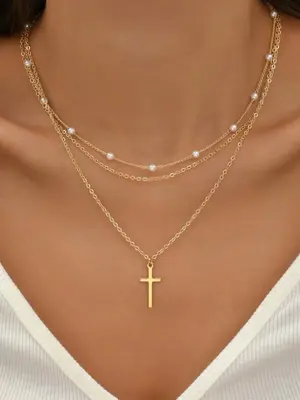 Women's 2024 New Stylish Faux Pearl Cross Necklace, Trendy Exquisite Layered Bead & Pendant Necklace for Women, Exquisite Jew...
