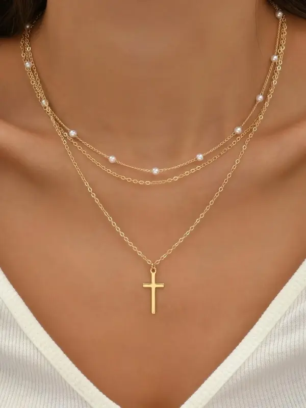 Women's 2024 New Stylish Faux Pearl Cross Necklace, Trendy Exquisite Layered Bead & Pendant Necklace for Women, Exquisite Jew...