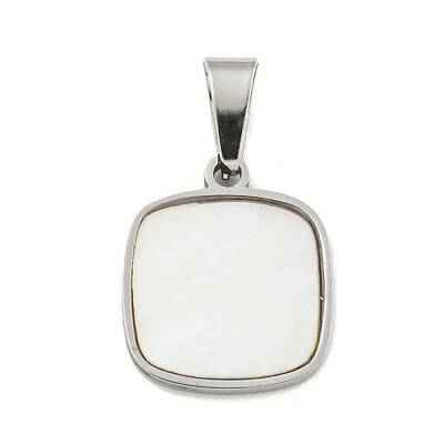 304 Stainless Steel Pave Natural White Shell Square Charms