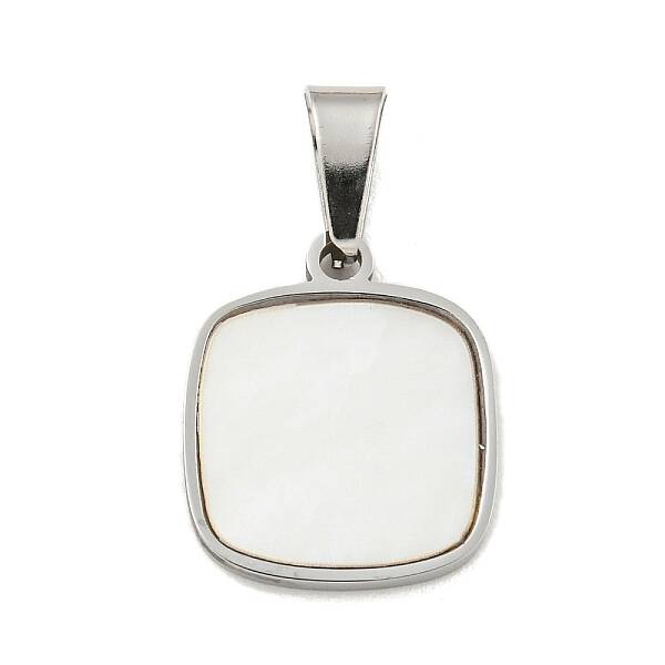 304 Stainless Steel Pave Natural White Shell Square Charms