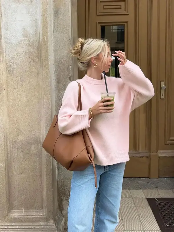 Women's Plain Drop Shoulder Sweater, Casual Long Sleeve Round Neck Jumper for Fall & Winter, Fashion Ladies' Knitwear for Dai...