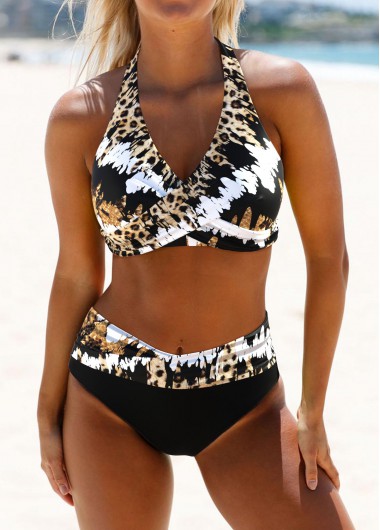 Modlily Criss Cross Leopard Black Bikini Set - L