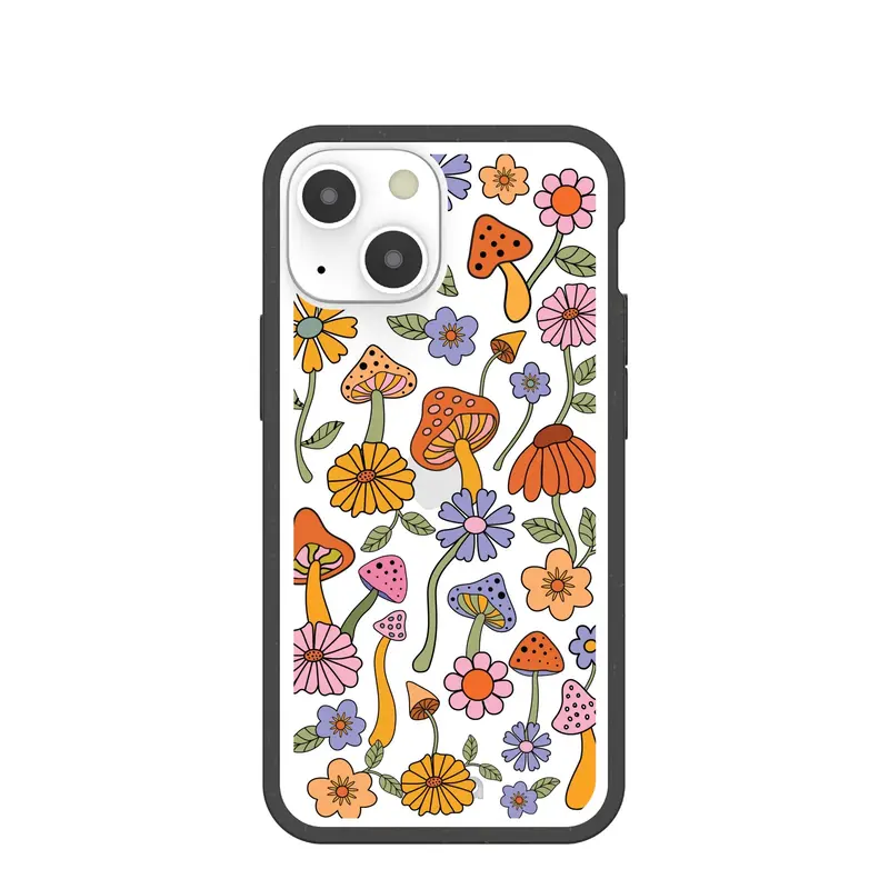 Clear Shrooms and Blooms iPhone 13 Mini Case With Black Ridge