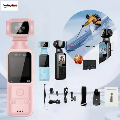 DarlingCase 4K Pocket Camera with Handheld Stabilizer 8-in-1 32GB Card 270° Manual Rotation for Vloggers Travel Gifts Pink B...