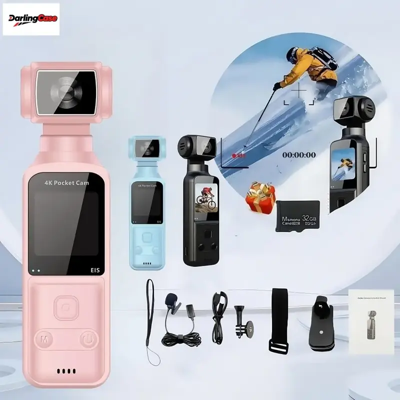 DarlingCase 4K Pocket Camera with Handheld Stabilizer 8-in-1 32GB Card 270° Manual Rotation for Vloggers Travel Gifts Pink B...