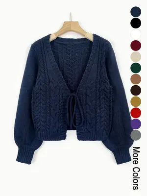 Women's Solid Drop Shoulder Tie Front Blue Cardigan, Comfort Basic Minimalist Fashion Casual Long Sleeve V Neck Knitwear for ...
