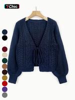 Women's Solid Long Sleeve Tie Front Sweater Knitting Cardigan, Casual V Neck Lantern Sleeve Knitwear for Spring, Vneck Cardig...