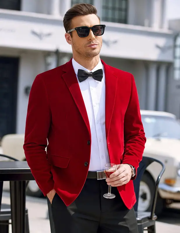 Two Button Slim Fit Blazers Retro Tuxedo Suit Jackets (US Only), Wine Red / M