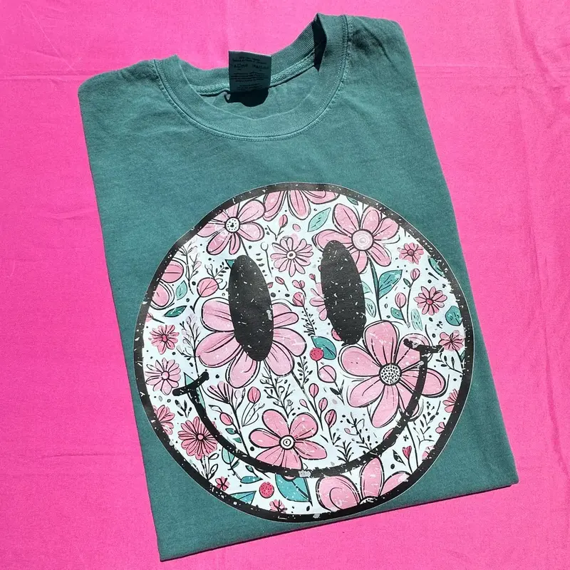 Muted Florals Happy Face Comfort Colors T-Shirt 'NLB'