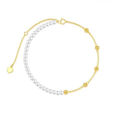 14K Gold Pearl Bead Bead Station Chain Bracelet For Women