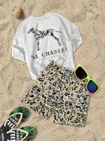 Two-Piece Set Men's Camo Print Tee & Shorts Set, Regular Fit Casual Short Sleeve T-shirt & Shorts, Men's Summer Clothes for O...