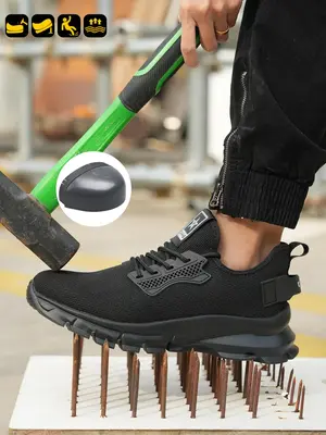 Men's Casual Lace Up Mesh Breathable Work Shoes, Lightweight Anti-slip Safety Shoes, Non-slip Steel Toe Protective Shoes for ...