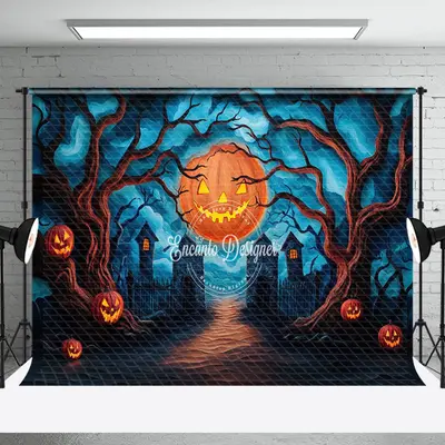 Aperturee Pumpkin Moon Cemetery Trees Halloween Photo Backdrop - Aperturee