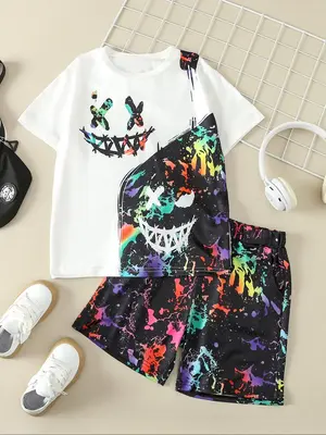 Two-Piece Set Boy's Random Print Short Sleeve Tee & Paint Splatter Print Shorts Set, Casual Round Neck T-shirt & Elastic Wais...