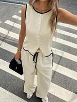 Women's Contrast Binding Sleeveless Tank & Drawstring Waist Pants Two-piece Set, Casual Minimalist Fashion Cozy Two Piece Out...