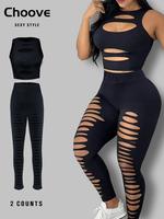 Women's Sexy Plain Cut Out Crop Tank Top & Ripped High Waist Leggings Two-piece Set, Sleeveless Round Neck Top & Skinny Pants...