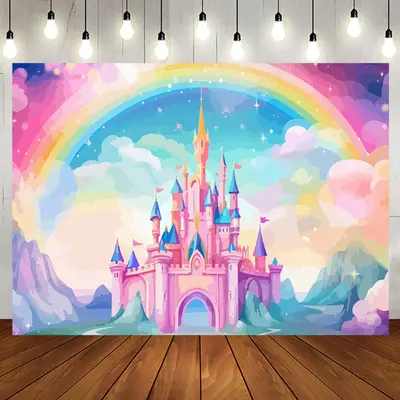 Aperturee Enchant Pink Castle Golden Crowns rainbow Backdrop
