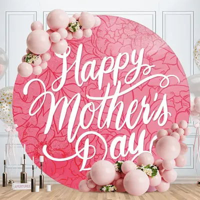 Aperturee Rose Pink Floral Round White Happy Mothers Day Backdrop