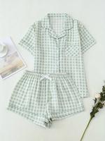 Women's Gingham Print Crop Shirt & Shorts Pyjama, Casual Comfy Short Sleeve Collared Top & Shorts PJ Set, Ladies Sleepwear fo...