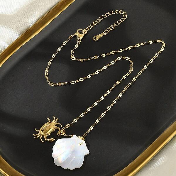 Summer Beach Natural Shell & 304 Stainless Steel Pendant Necklaces for Women